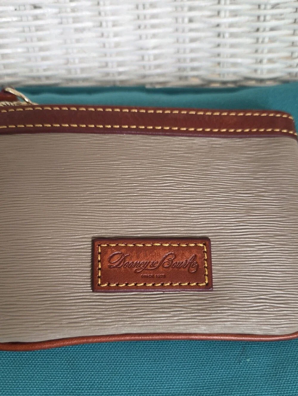 Dooney & Bourke Grey Clutch with Brown Leather Trim Wristlet, Key Ring